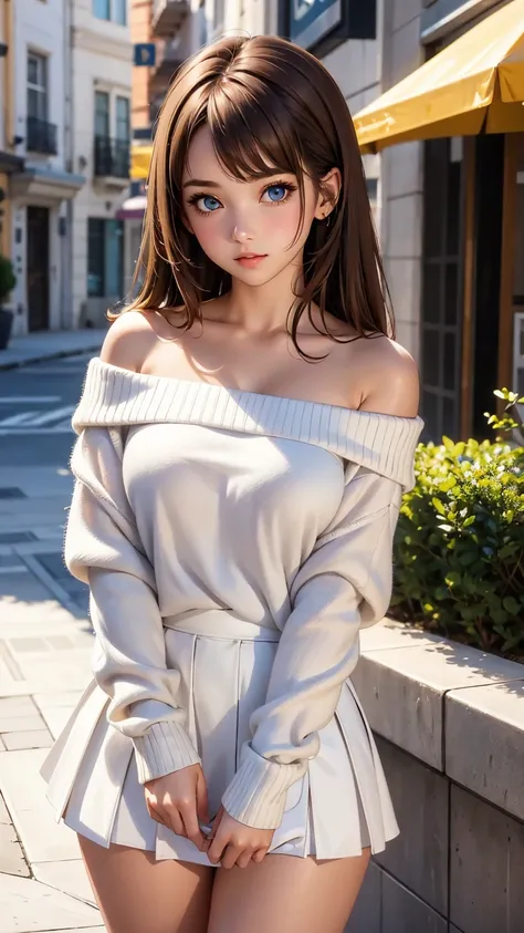  1 girl,  white sweater,  off-shoulder , Brown Hair,  open lips,  beautiful eyes, miniskirt, thighs, seductive