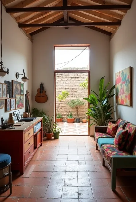 Interior of house workshop type " house chorizo " Buenos Aires , with high joist ceiling and porch vault , traditional calcareous tile floor of Argentinian patio houses, WITH DRAWINGS, rectangular iron window open to patio of checkerboard floor with parral...