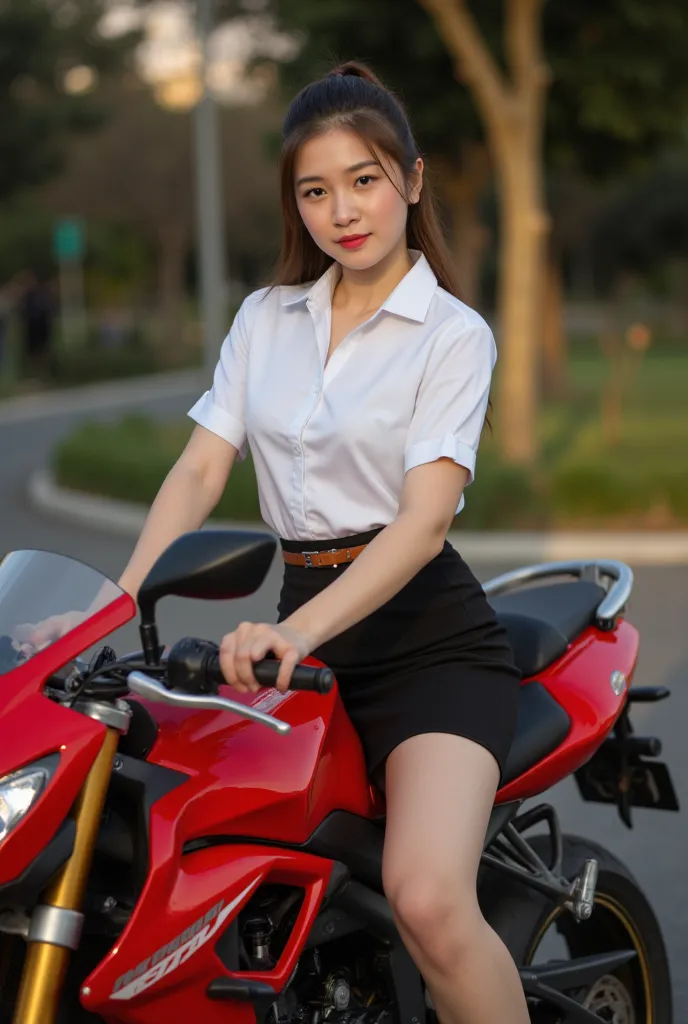 a beautiful young female student riding a 1500cc sport red motorcycle, parked with hands on the handlebars, look at camera, pony...