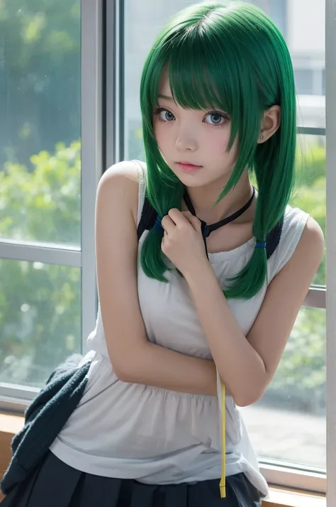  Girl Being Strangled By Her Classroom Window、 anime style。evening、Bobs Green Hair 