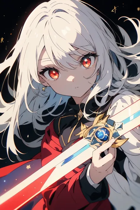 (( top quality 、masterpiece、Familiar、High quality))、( shining eyes )、cute anime girl, 、 beautiful animated art  、、The stars shine,  white background ,  white hair,  red eyes, sword