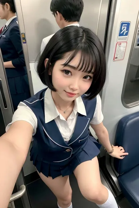 Thai girls、 short cut hair、Front falling bob、8k、Im wearing a Japanese high school uniform、Im grabbing a strap on the train