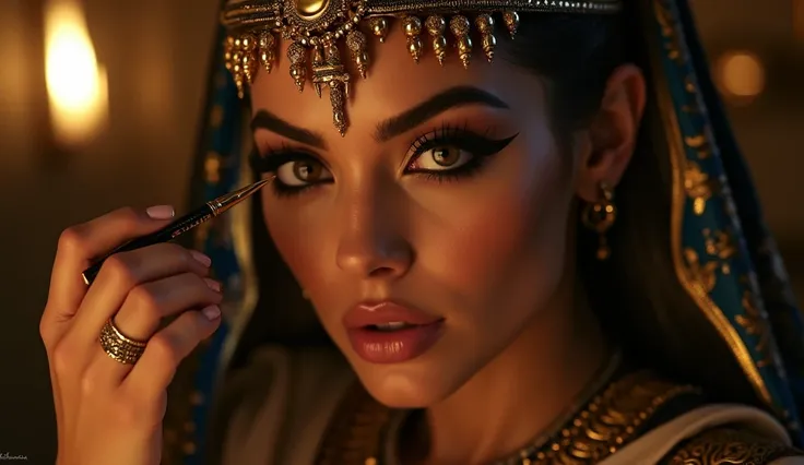 Egyptian black eyeliner, attractive woman , of royalty, woman putting on makeup
