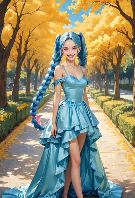 ((behind view:1.5, full body:1.5)), ((Jinx:1.5、Pink Eyes:1.5、Blue Haired Super Long Braid Twin Tails:1.5、 twin tails with blue hair :1.5、forehead:1.5))、Best Quality, masterpiece,  ultra high resolution, Realistic,  RAW Photos,  intricate detail, Portraitur...