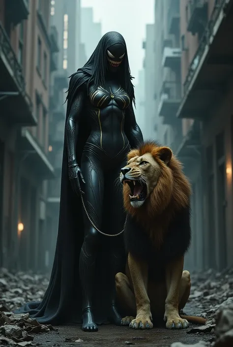 Venom  is standing in the city and her pet lion is sitting near her. he has a noose around his neck