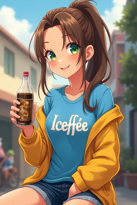  Illustration of a girl with long hair and a ponytail with a cheerful and charismatic personality,  she is a bit exalted .  She carries a bottle of coffee with milk and a blue t-shirt with a yellow sweatshirt , On the shirt she says  "Iceffee ",  she is si...