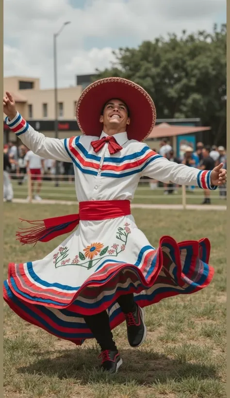 Ronaldo,  in the middle of a field in Mexican attire, doing a rhythmic dance with her feet .