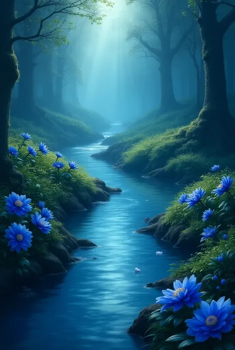 As a background of nature , With blue flowers and running water
Fantasy type 
Nocturne
Brilliant everything and without people 
