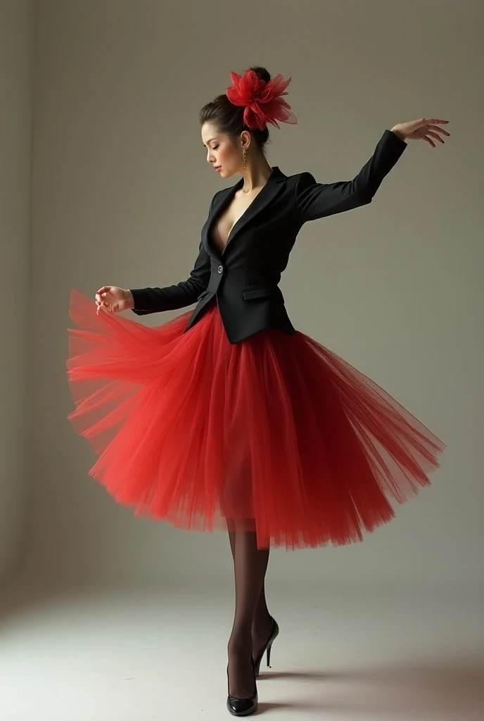  ballerina in a black suit, red tutu ,  flower in the hair 