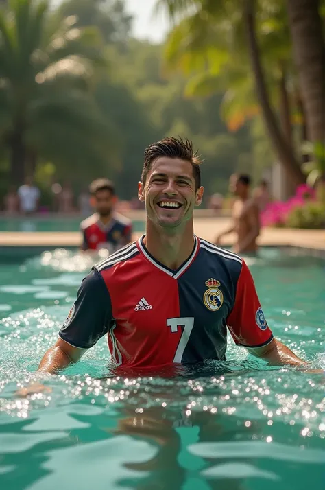 Prompt 1: Ronaldo

"Cristiano Ronaldo, donning his iconic Number 7 jersey, dives into the serene waters of an Indian pond. As he swims, the sunlight dancing across the ripples highlights his chiseled physique. With a joyful splash, he kicks a water polo ba...