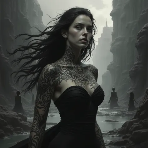 (monochrome:1.3), black and white photography, dark theme, (realistic, photo-realistic:1.37), (ohwx woman), woman with tribal tattoos arms and neck, realistic, cowboy shot, fantasy world, dark colors, dramatic lighting, oil painting style, mystical atmosph...