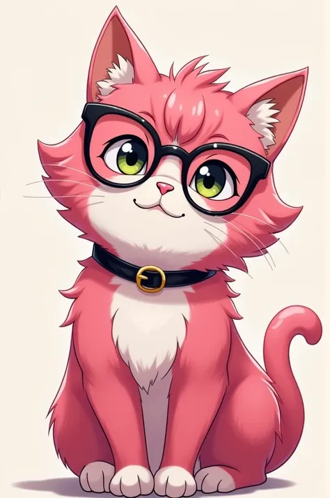 Make an ordinary anime cat with pink hair and a pair of dark glasses 
With a black collar 