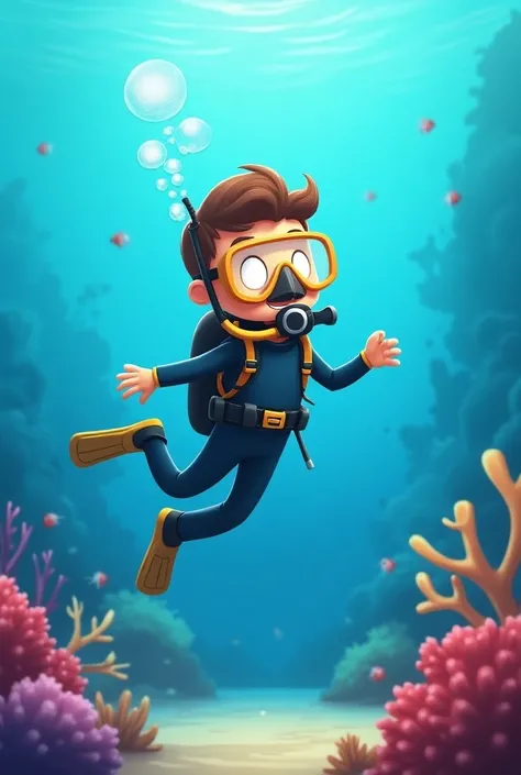 "I need a scuba diver sprite for a Scratch game, designed to match a realistic underwater background. The scuba diver should have a style that feels consistent with a natural, vibrant ocean setting, with colors that stand out but are also appropriate for u...