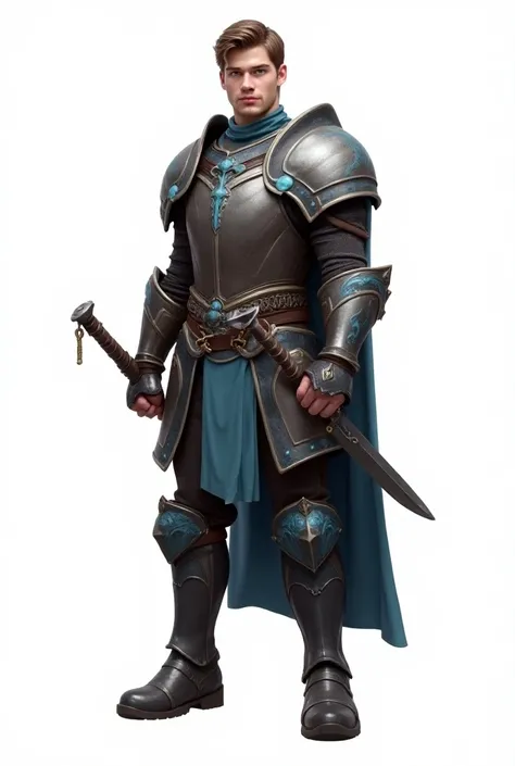 actor Liam Hemsworth as a warrior , 20 years old,  - full body - brown-haired man, blue eyes,  couple, dungeons and dragons,  fanciful armor with details in blue , Large boots. 8k, realism, PNG - white background .

