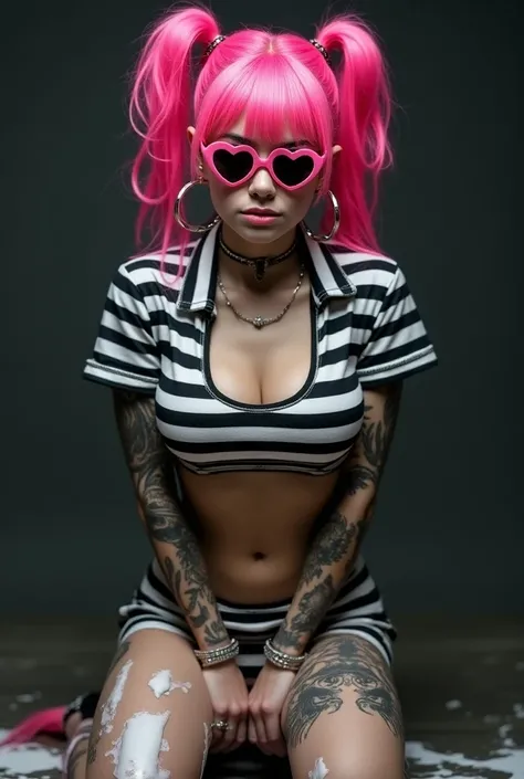 sexy, petite, skinny teenage bimbo emo girl, neon pink pigtails, heavily tattooed, large silver heart-shaped hoop earrings, heart-shaped pink shades, in slutty, revealing striped black and white prison uniform, breasts exposed, pierced nipples, hands cuffe...