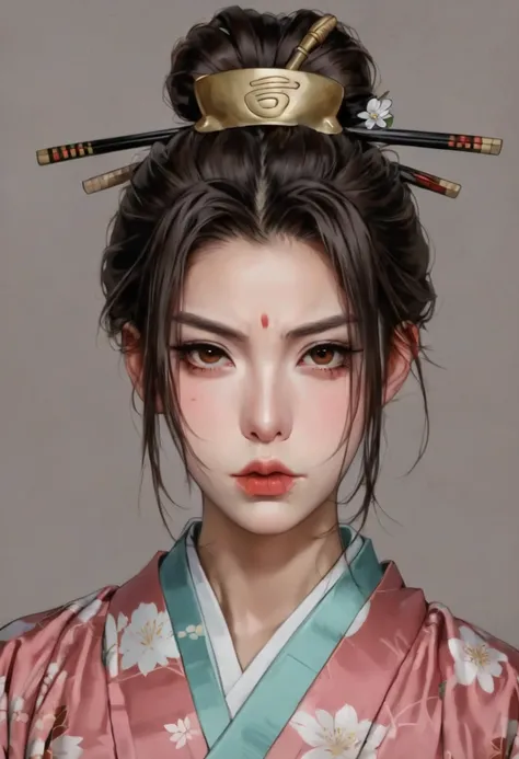 1 Girl,Asia, dark hair ,Brown background, brown eyes ,Shut up,forehead, grey background,Hair Bun,Headdress,Hairpin,Japanese clothing,kimono,Lips,looking at viewer,nose, actual , simple background , alone, upper body,v