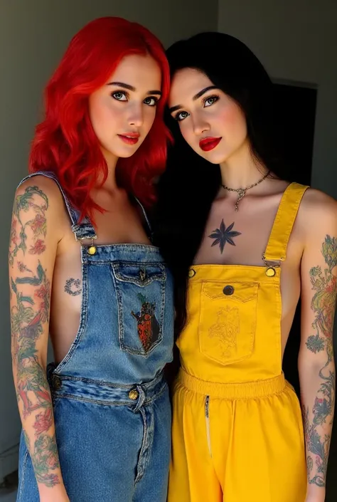  beautiful twins ,  One with red hair ,  the other black hair ,  the one has jeans dungarees on,  the other has yellow dungarees on .  Underneath you can see her breasts , Arms are colorfully tattooed , UHD, realistic, Details, Photo