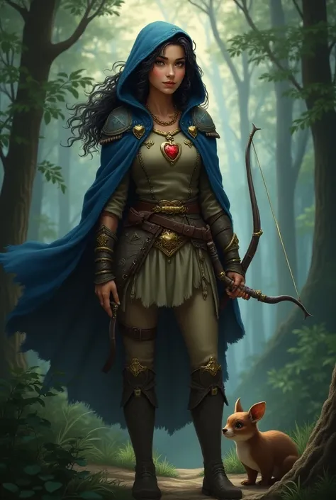 create a dungeons and dragons character, fearless and courageous half-elf ranger, standing in a dense forest.  she has golden eyes and long, curly, black hair with a distinct white streak. She wears light leather armor and a blue and gold hooded cloak, whi...