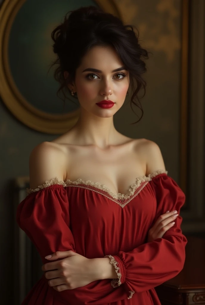    A beautiful, wonderful woman 
A woman with messy bun hair wearing a red dress with a white lace collar, a beautiful Victorian woman, a Victorian dress, a girl with dark brown hair, dark hair, gorgeous dark hair, black bangs, red lipstick, she has black ...