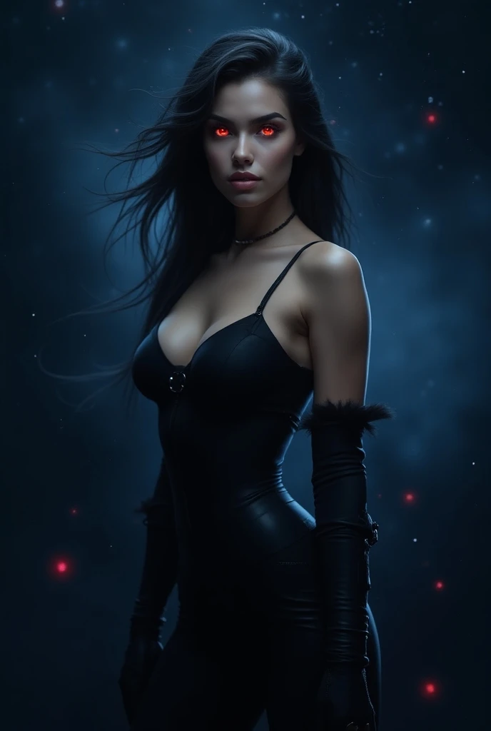 {Photorealistic, Highest Quality, Highest Resolution} A girl in a dark blue galaxy, red eyes, black heroine clothes, goddess body, beauty, closeup portrait, front view. 