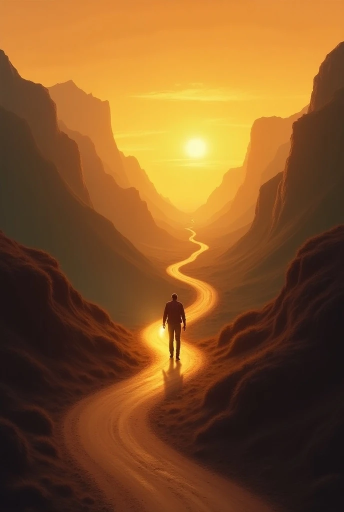  A path surrounded by hills or mountains ,  where a figure walks forward looking at the horizon .  The character carries a flashlight in his hand , that illuminates the path ,  representing trust and self-orientation .  Around him ,  other roads bifurcate ...