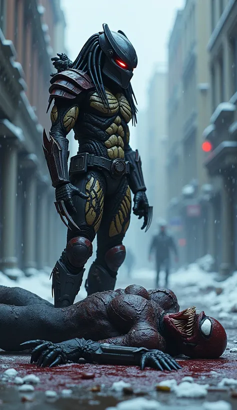 "A hyper-realistic, high-definition scene depicting the Predator standing victorious over the defeated Venom in a cold, snow-covered, decaying cityscape. The Predator, cloaked in its distinctive, battle-worn armor, towers above the fallen symbiote, its glo...