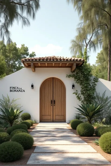 I need you to create an image with the word Finca La Bonanza for the entrance of a farm the name will be on a white wall next to the entrance with on the sides of the entrance   .that looks elegant and that has something related to a family fire and a wate...