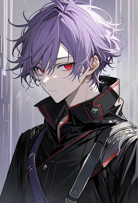 1 boy, light purple hair, red eyes, black uniform, handsome, messy hair, Swept Bangs, short hair, teenage boy، black uniform