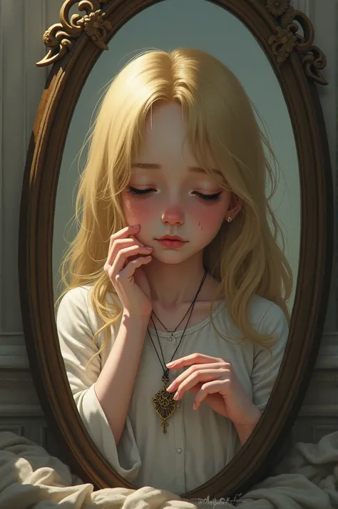 A blonde girl looking in front of the mirror crying while touching a necklace 