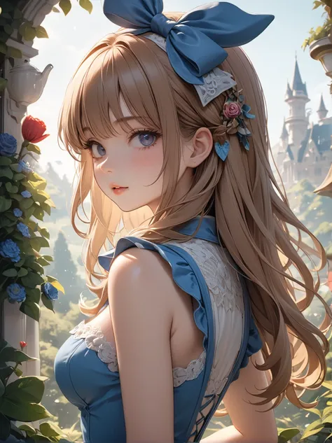 1 girl, masterpiece, highest quality, 8K, fine skin texture, fine cloth texture, beautiful detailed face, intricate details, Super detailed, alice in wonderland, (Bow on her head:1.1), Upper body