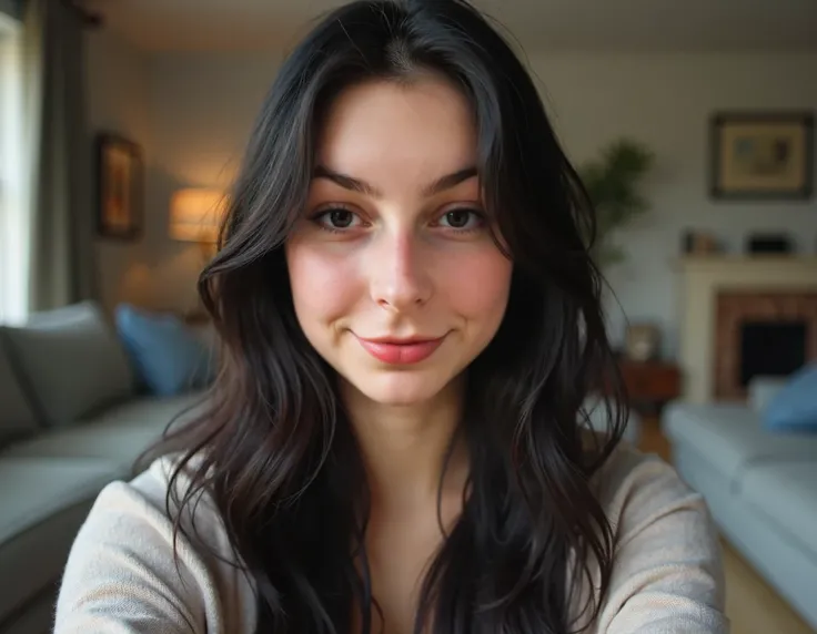 A selfie of a young woman smiling at the camera. She has long, black hair, slightly wavy, and fair skin. Her expression is natural and relaxed, with a soft smile. The background of the photo is a casual environment, such as a living room with soft light an...