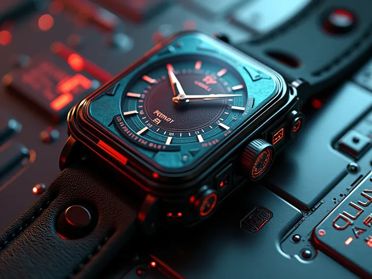  3D cyberpunk style alien object :  wrist watch , Protector,  with strange dial , black cables ,  with shiny red and light blue colors and metallic;;  with alien details ;;  tall details ,  text.