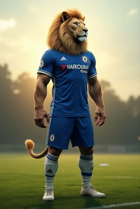 A man with an head of  alion  andchelsea Jersey  facing away from the  fun I n the pitch name as kunta