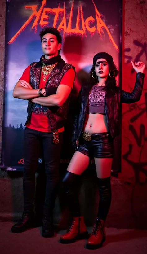 (((masterpeace))), (((best quaity))), ((ultra-detailed)), (higly detailed CG 8k,wallpaper), (perfect face 1.1), ultra-detailed skin texture.
Full-body shot (head to toe), a photograph Balinese rocker couple, 1boy, 1girl, look like a Rocker taking a photo i...