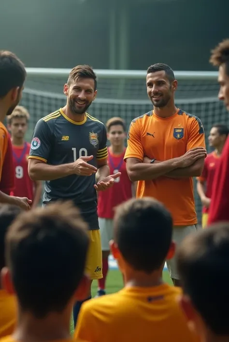 Image of Lionel Messi and Christiano Ronaldo teaching a classroom of young footballers 