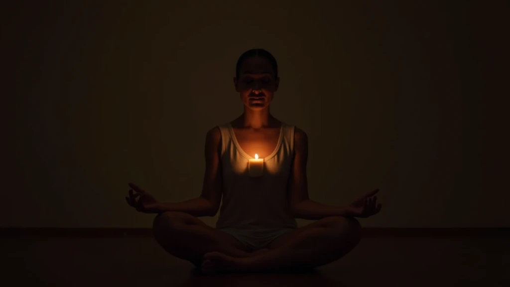 "A person in a quiet, dimly lit room, sitting in a meditative posture with soft candlelight illuminating their face. The soft glow creates a calm, introspective atmosphere, capturing a moment of attunement to their inner voice, free from distractions. The ...