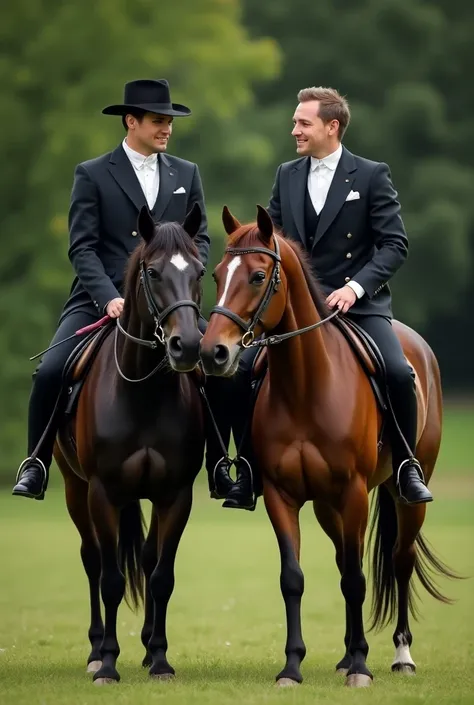 2 gentlemen are riding 2 horses, one brown and one black, gentlemen get along well and horses hate each other