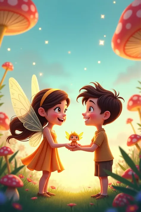 A fairy girl and a human boy and in his hand a little fairy-like  who are very happy toon animated 