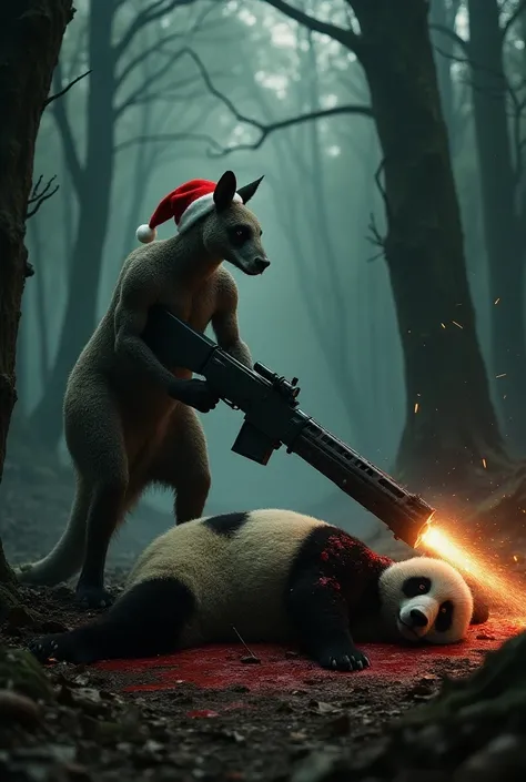 A macabre scene in the woods of a warrior kangaroo wearing a Santa Claus hat killing a large bloodied panda on the floor with a machine gun