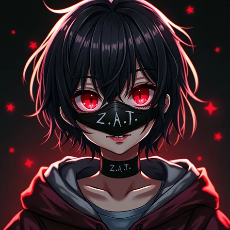  Beautiful Girl,Psychopath,Red eyes glowing,round and round eyes ,Close-up,Black mask with Z.a.T logo , Anime Style ,dark,red and black hoodie