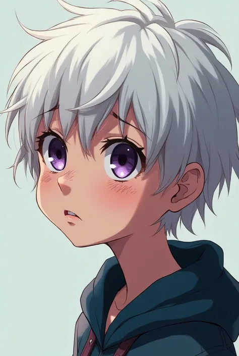  I want a my hero academy style image of a girl with very short curly white hair with big violet eyes and fair skin with freckles, That Im hurt ,  in profile