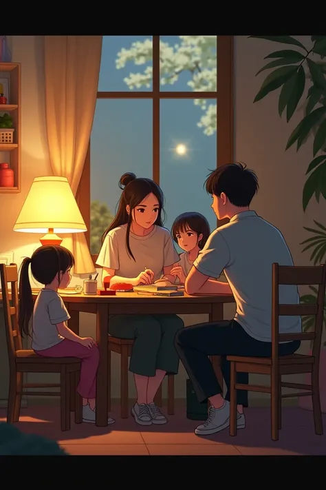  Create two adults sitting at a table at home at night with a lamp light, very calmly and next to two girls playing  