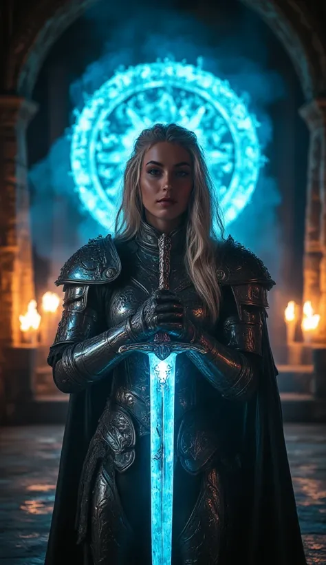 ((masterpiece)) ((photography)) ((highest quality))  a powerful fantasy portrait of a female warrior in silver medieval armor adorned with intricate details. She stands confidently in an ancient stone hall with a glowing blue magical symbol behind her. The...