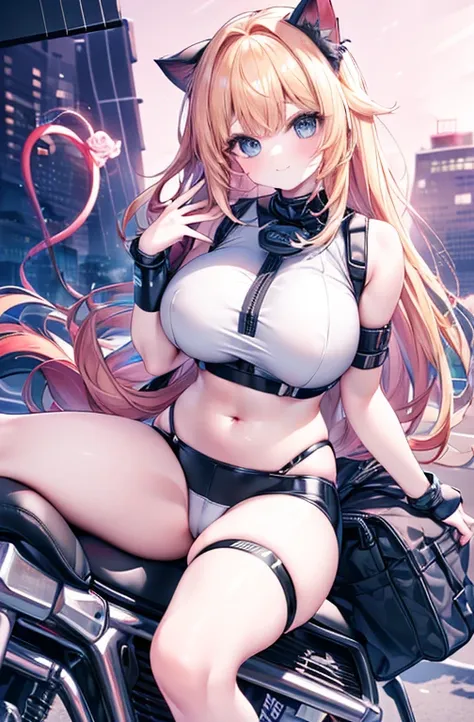  best quality, beautiful eyes, very cute face,(Solo Girl),(  holding huge breasts:1.4),( Blonde),( Rose Tail:1.6), wind:1.5,Dynamic, light blue eyes , very happy smile ,break,( cyberpunk fashion, White Crop Top ,Chest Harness,  white long coat,cybernetic h...