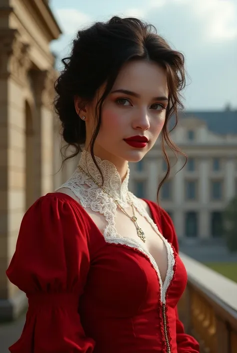    A beautiful, wonderful woman 
A woman with messy bun hair wearing a red dress with a white lace collar, a beautiful Victorian woman, a dress with a Victorian neckline, a girl with dark brown hair, dark hair, gorgeous dark hair, black bangs, red lipstick...