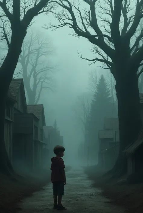 The boy looks at the gloomy village atmosphere in the forest
