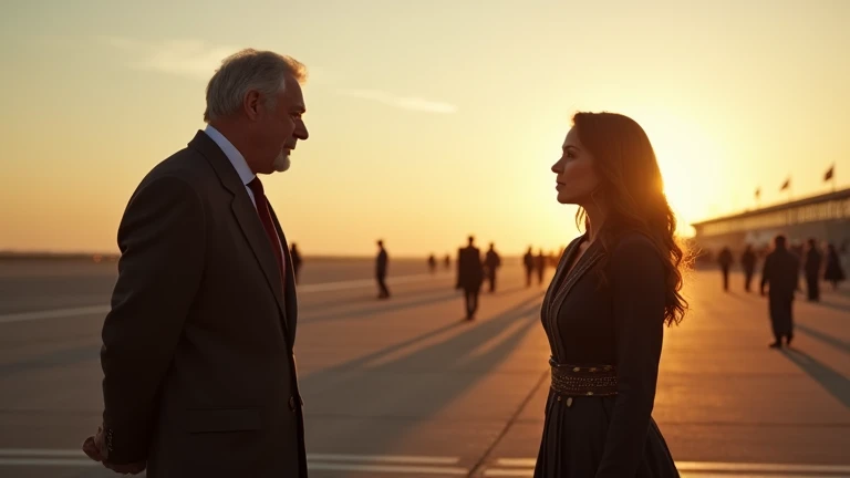 In an empty airport, the king, with an expression of wisdom and understanding, approaches Alexander and Emily. The golden light of late afternoon creates an atmosphere of restraint and surprise, with the crowd watching in silence.