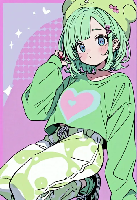 ((solo)) Girl, . She has a pastel green hair, blue eyes, cute ish face. She wears a green big shirt printed ((print = love)) and white wide pants, with a black sneakers. She has a pink flower hair clip and uses a green teddy bear hat.