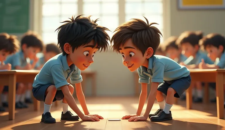   Aman has tousled black hair, bright eyes, and wears a light blue school shirt with dark blue shorts, white socks, and scuffed black shoes. Ravi has neat brown hair, kind eyes, and wears the same uniform, but with tidier socks and clean shoes, showing his...