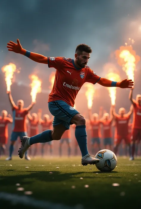 A soccer goalkeeper who has just blocked a ball from their goal that was shot by an opposing player. The fans stand in the background and hold Pyros in their hands. 